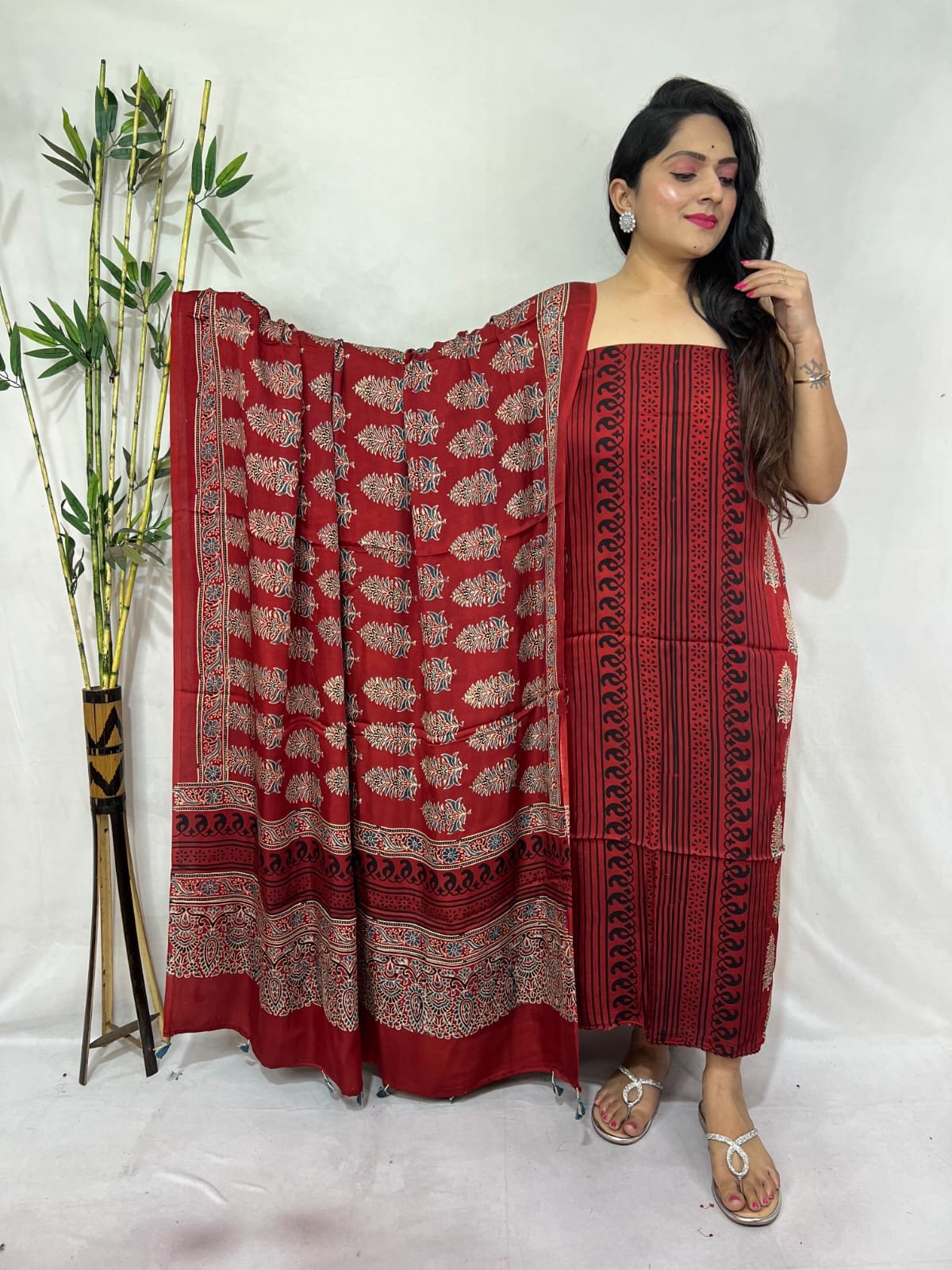 Luxurious Natural Block Print 2pcs Ajrakh Modal Silk Suit Material - Red