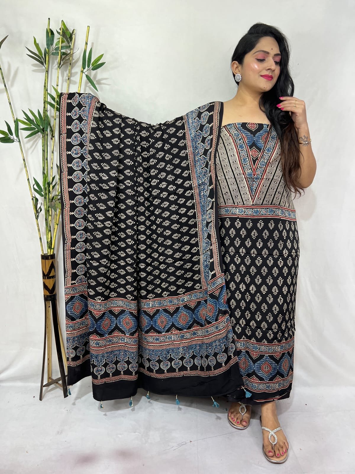 Luxurious Natural Block Print 2pcs Ajrakh Modal Silk Suit Material - Black