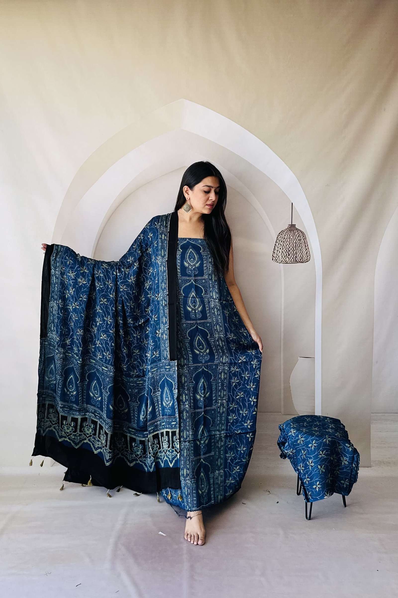 Luxurious Natural Block Print 3pcs Ajrakh Modal Silk Suit Material - Black and Indigo Blue