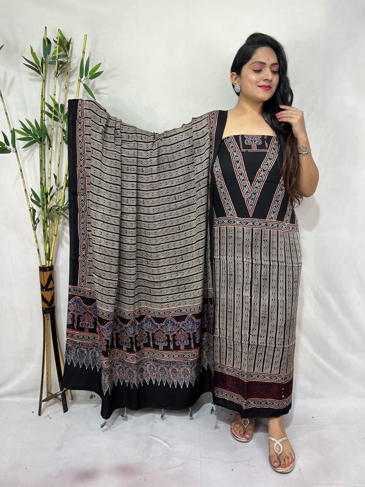 Luxurious Natural Block Print 2pcs Ajrakh Modal Silk Suit Material - Black