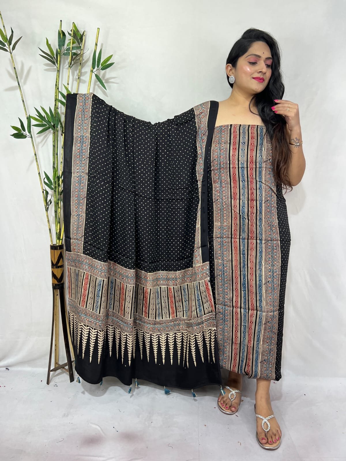 Luxurious Natural Block Print 2pcs Ajrakh Modal Silk Suit Material - Black