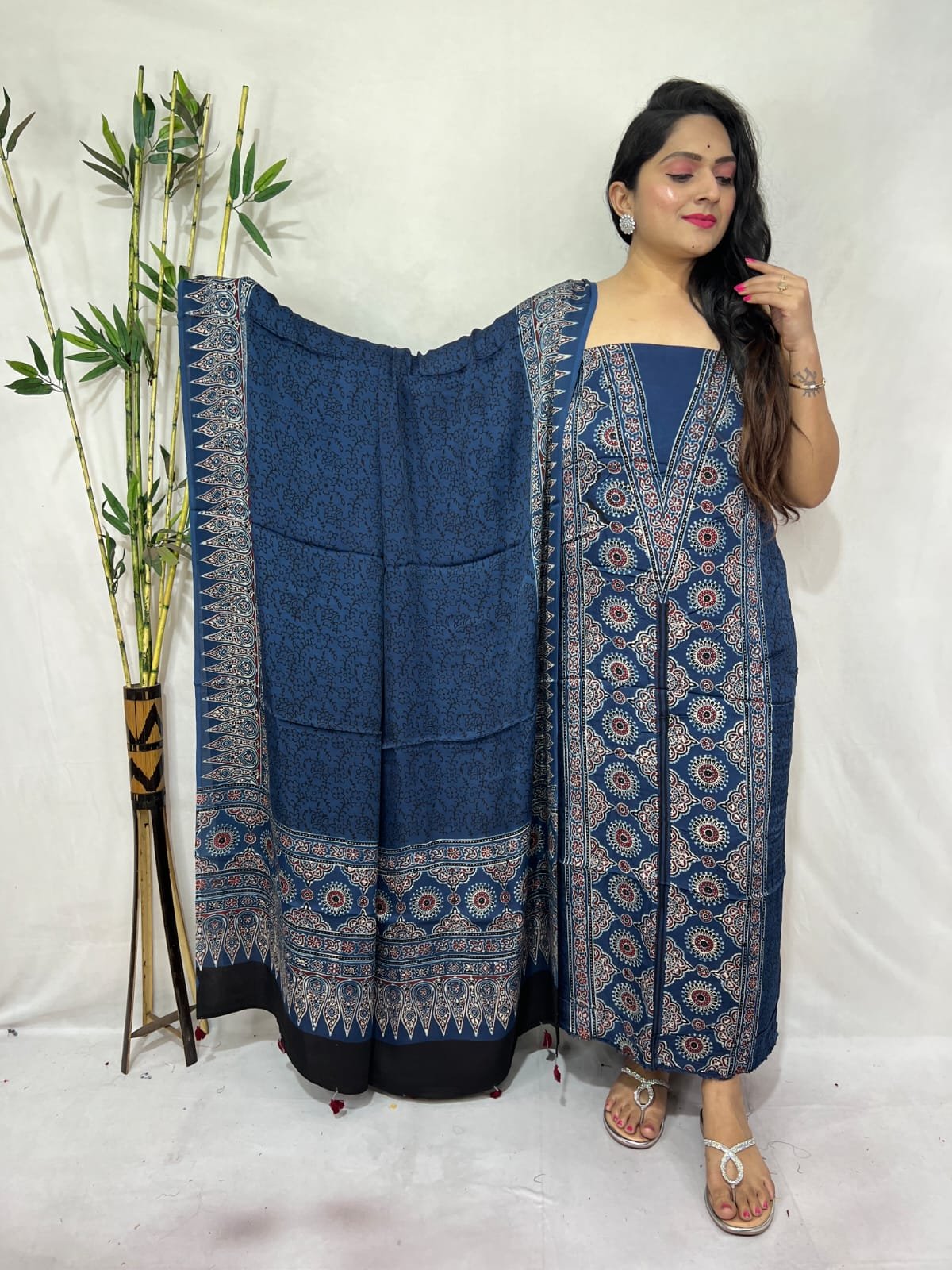 Luxurious Natural Block Print 2pcs Ajrakh Modal Silk Suit Material - Blue