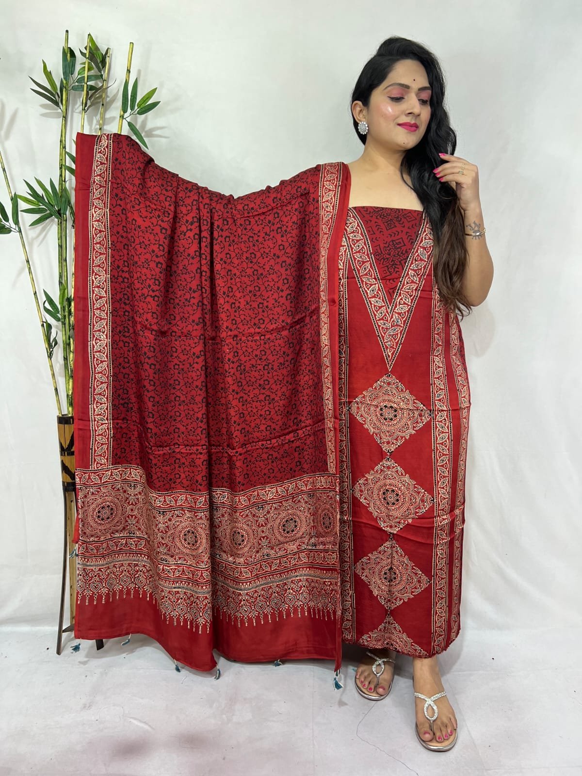 Luxurious Natural Block Print 2pcs Ajrakh Modal Silk Suit Material - Red