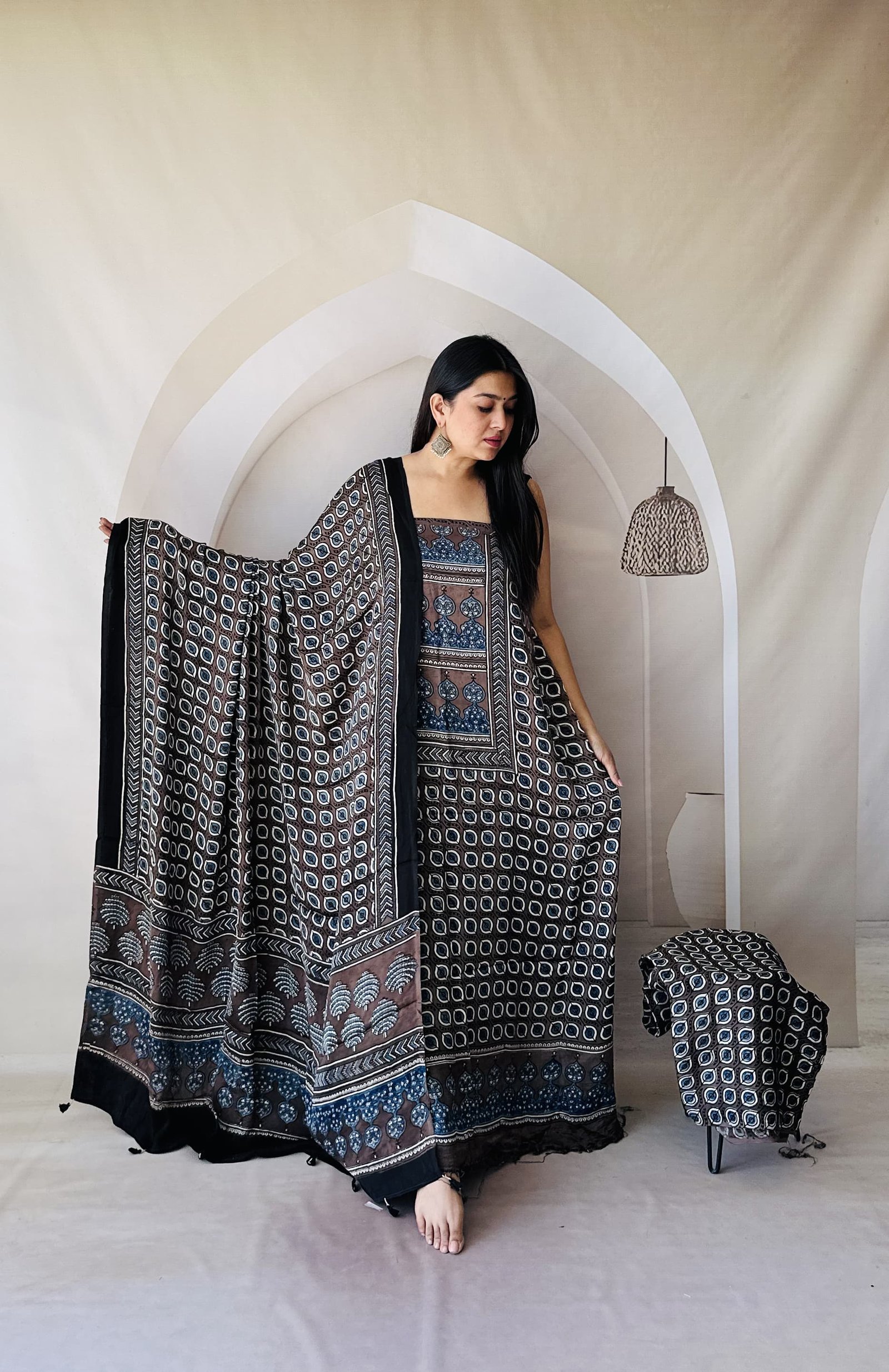 Luxurious Natural Block Print 3pcs Ajrakh Modal Silk Suit Material - Coffee and Indigo Blue
