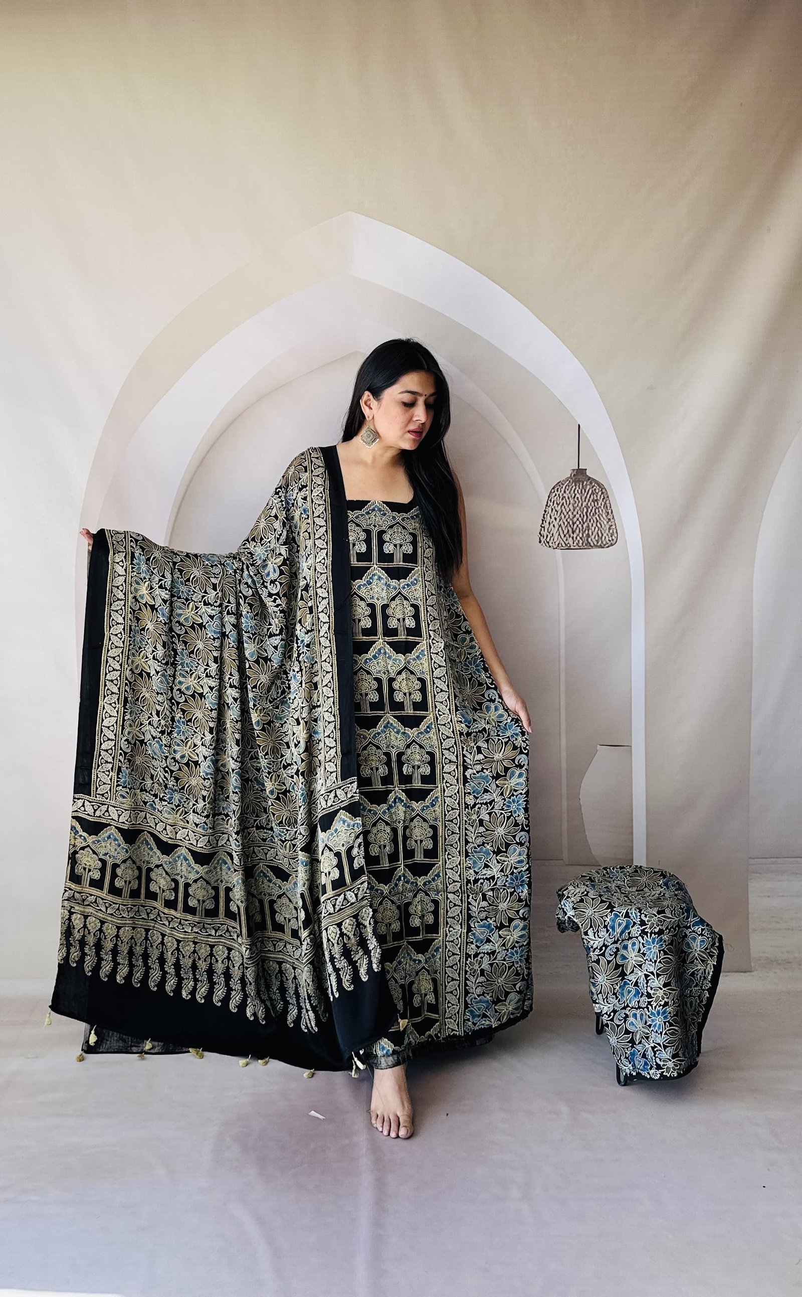 Luxurious Natural Block Print 3pcs Ajrakh Modal Silk Suit Material - Black 