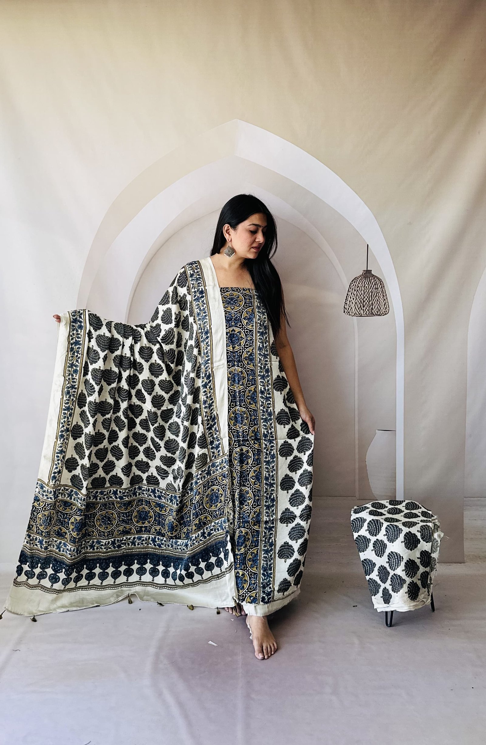 Luxurious Natural Block Print 3pcs Ajrakh Modal Silk Suit Material - White 