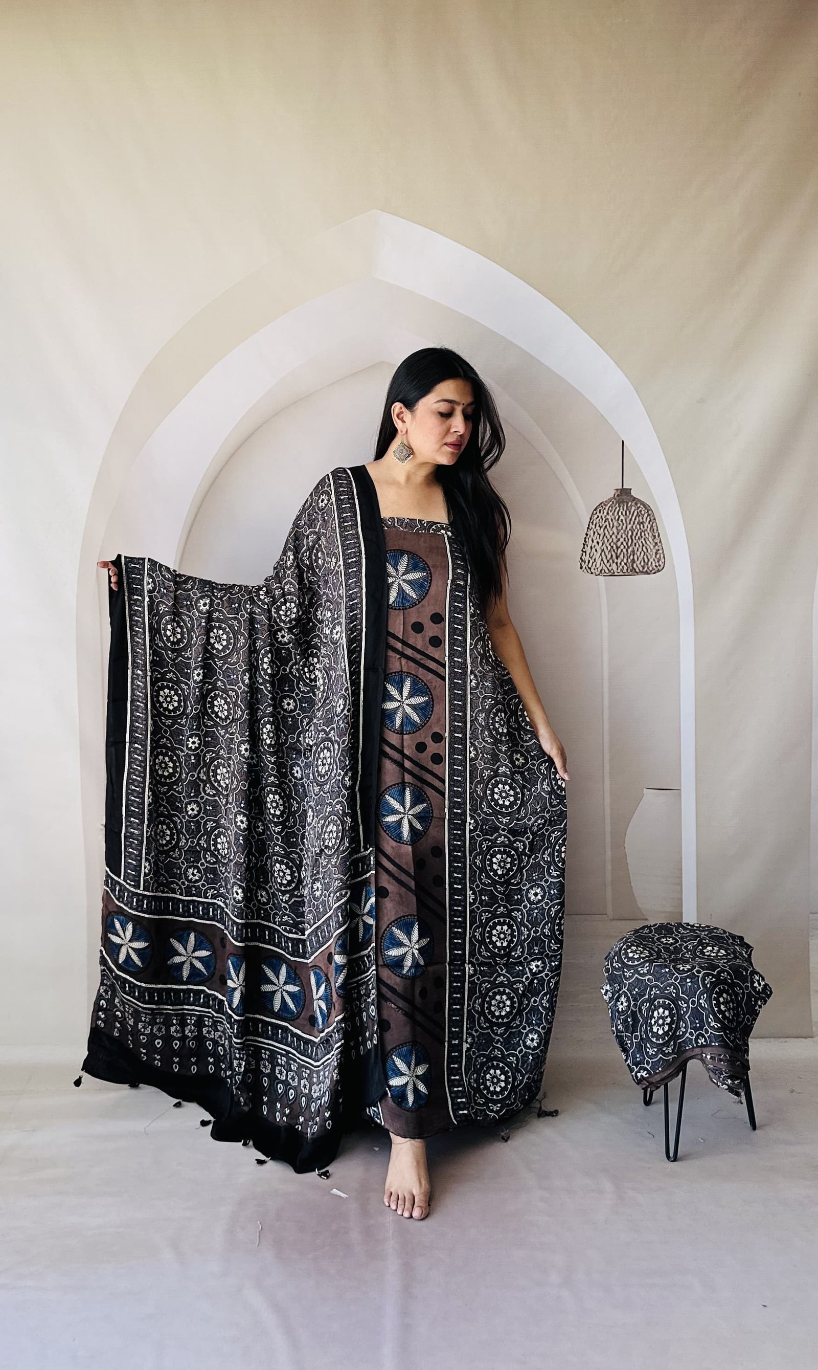 Luxurious Natural Block Print 3pcs Ajrakh Modal Silk Suit Material - Black and Coffee