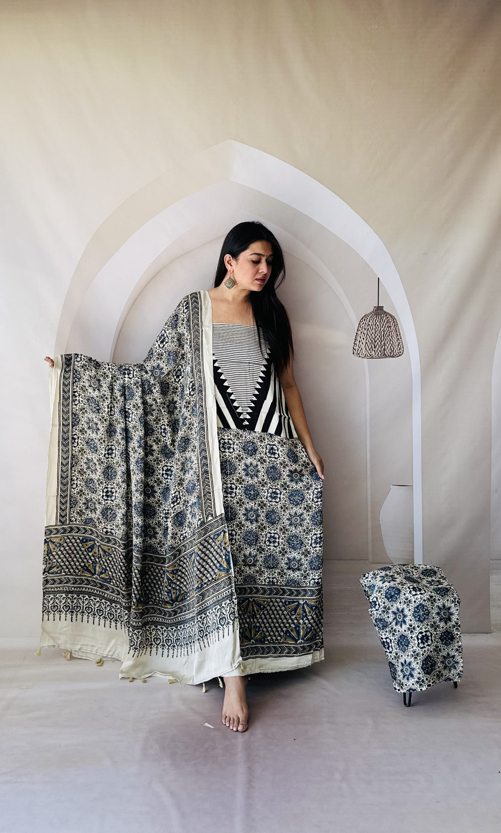 Luxurious Natural Block Print 3pcs Ajrakh Modal Silk Suit Material - White