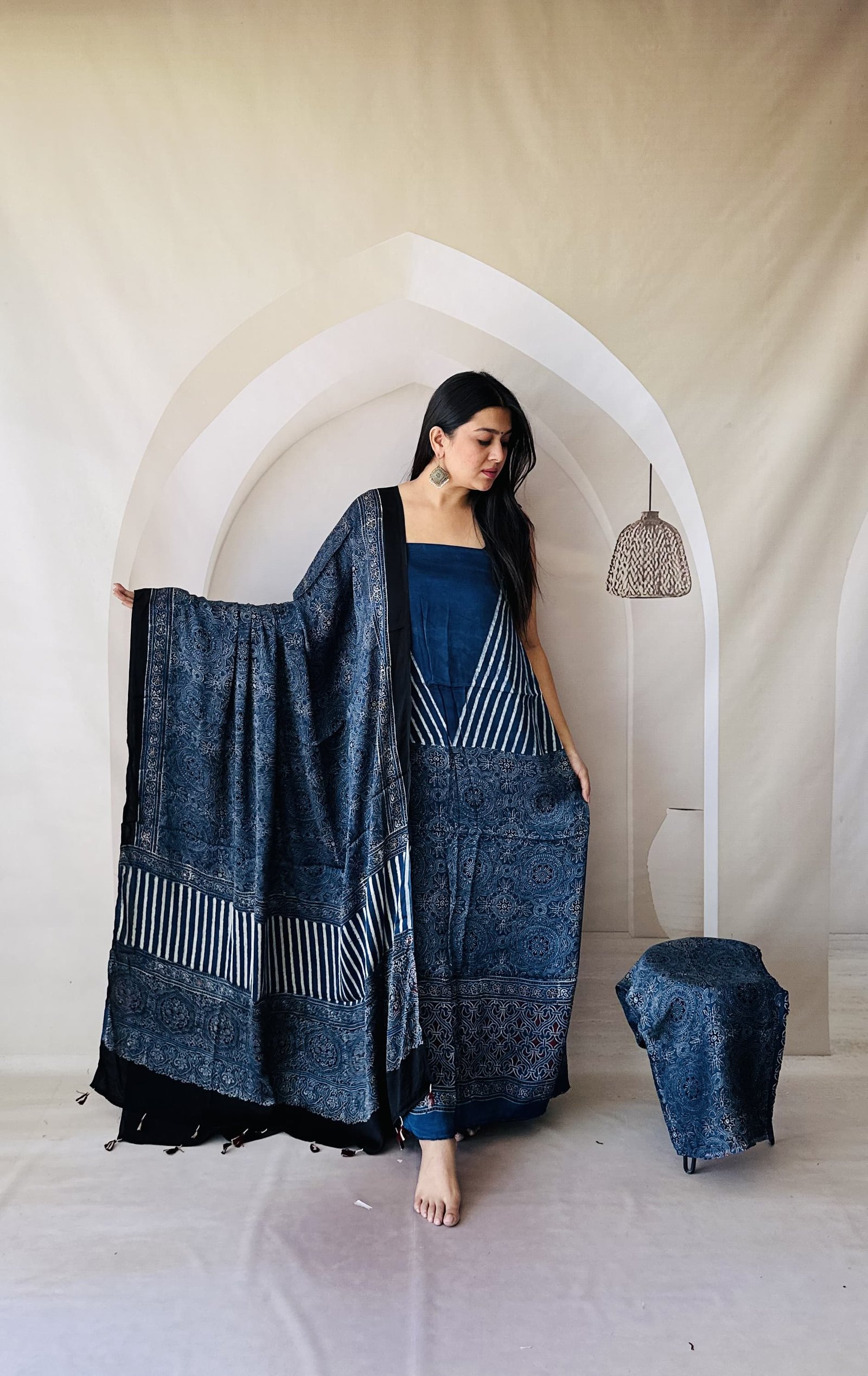 Luxurious Natural Block Print 3pcs Ajrakh Modal Silk Suit Material - Indigo Blue