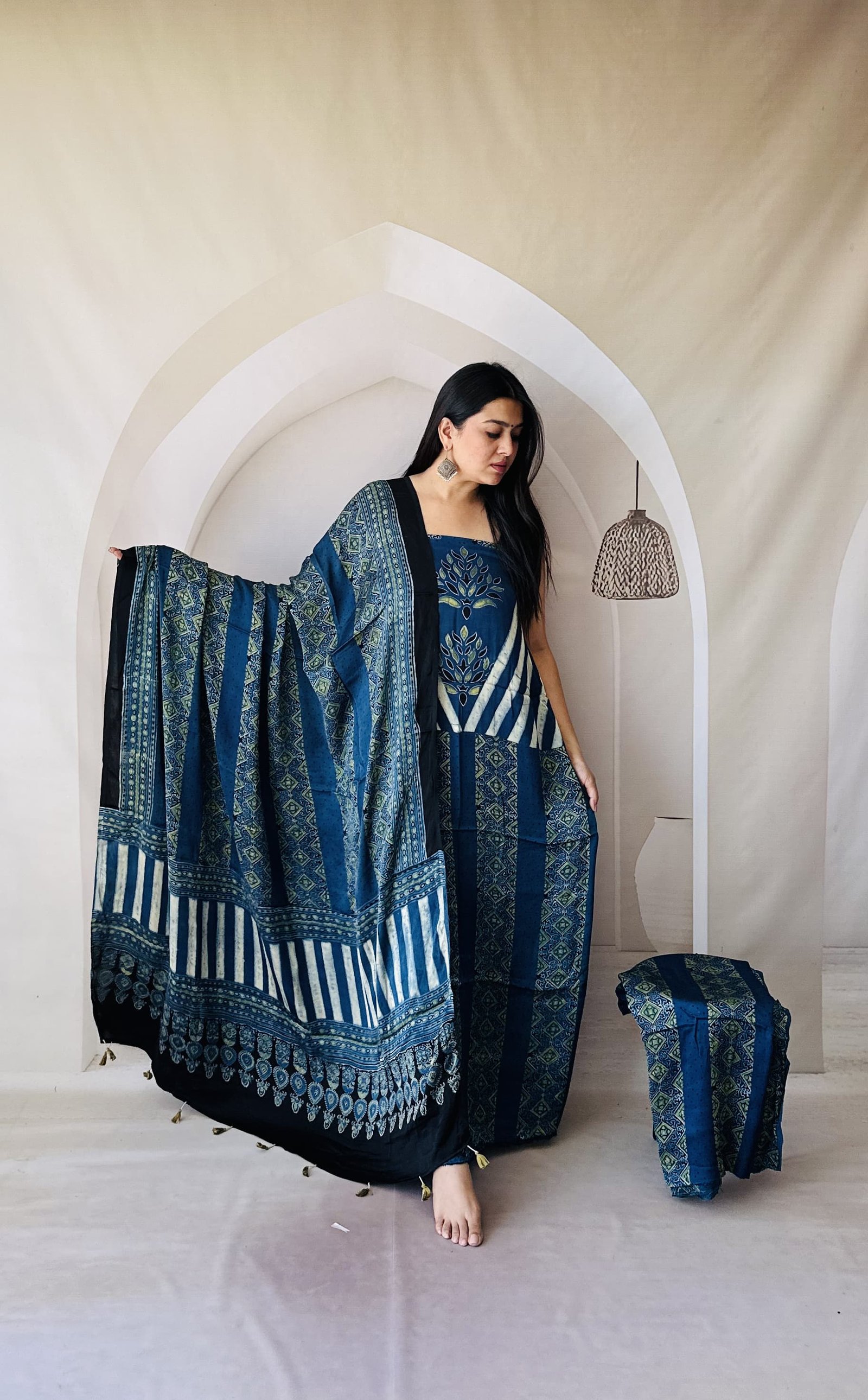 Pure Modal Silk Ajrakh 3pcs Suit Set - Indigo 