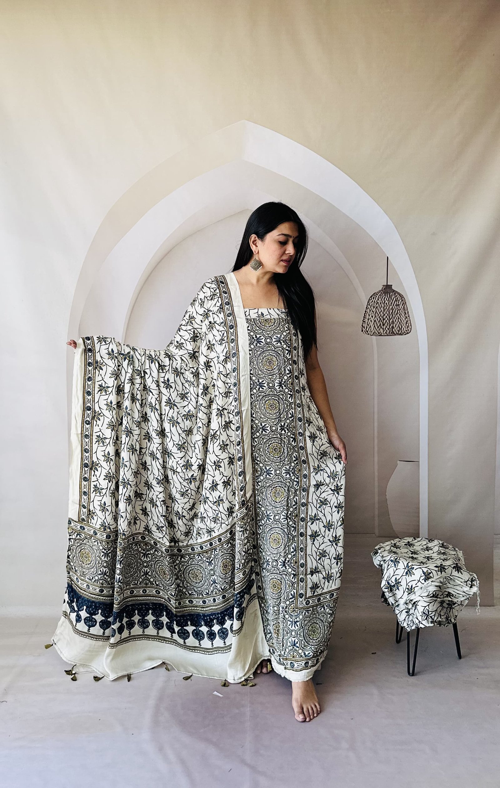 Luxurious Natural Block Print 3pcs Ajrakh Modal Silk Suit Material - white