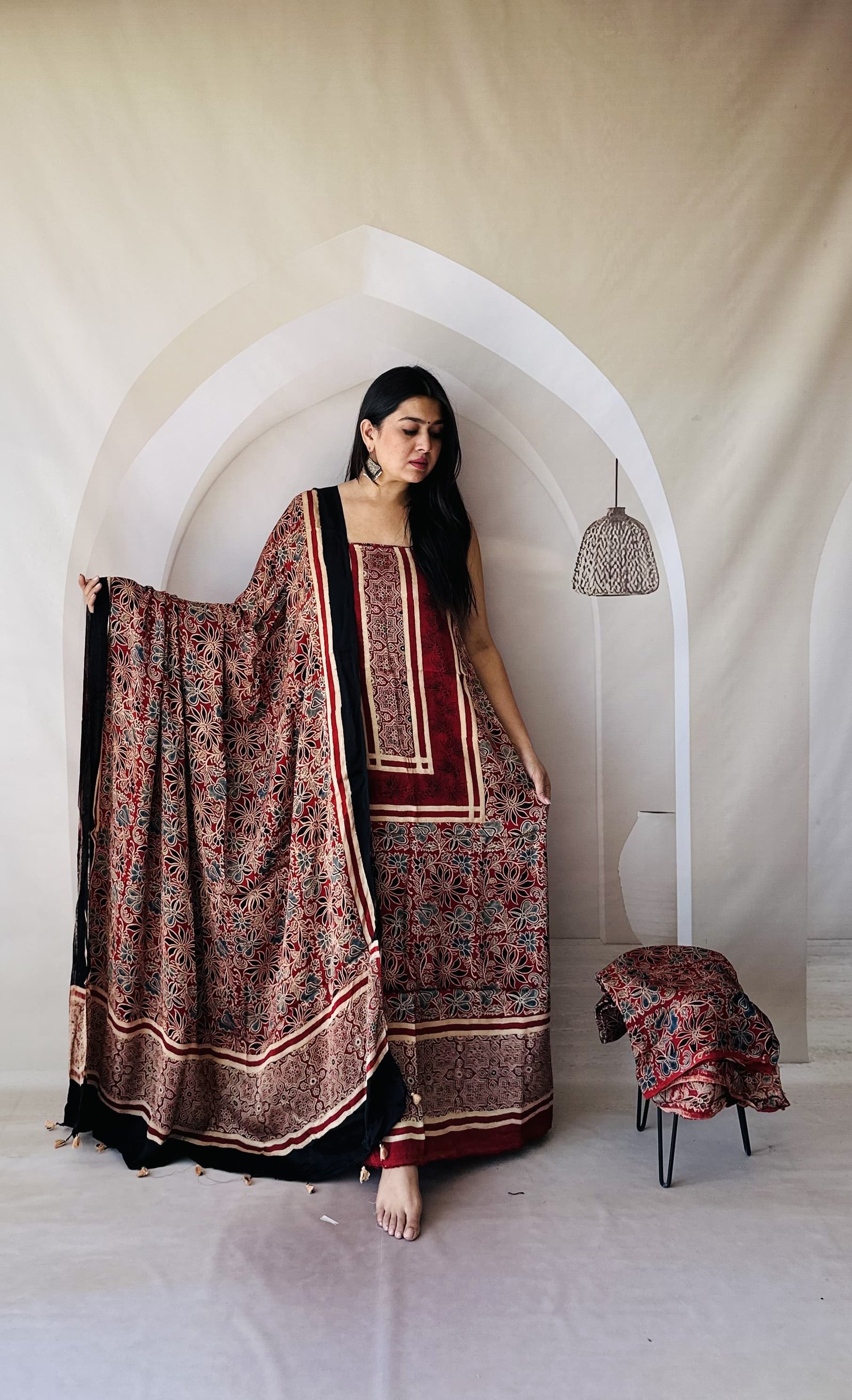 Luxurious Natural Block Print 3pcs Ajrakh Modal Silk Suit Material - Maroon