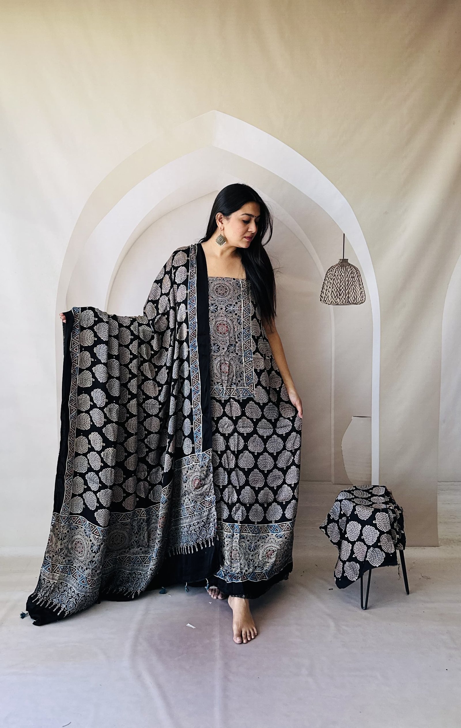 Luxurious Natural Hand Block Print 3pcs Ajrakh Modal Silk Suit Material - Black