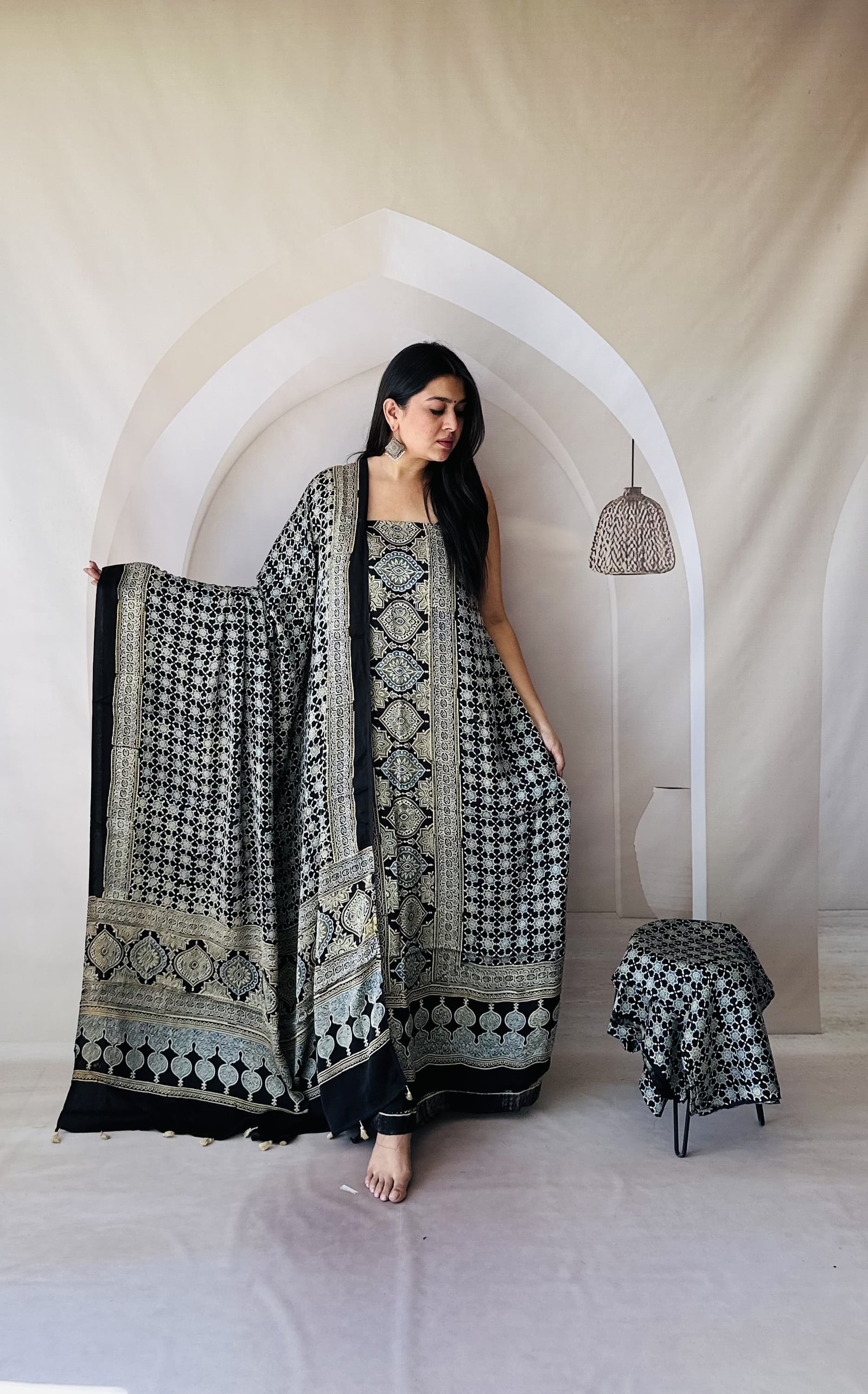 Luxurious Natural Hand Block Print 3pcs Ajrakh Modal Silk Suit Material - Black