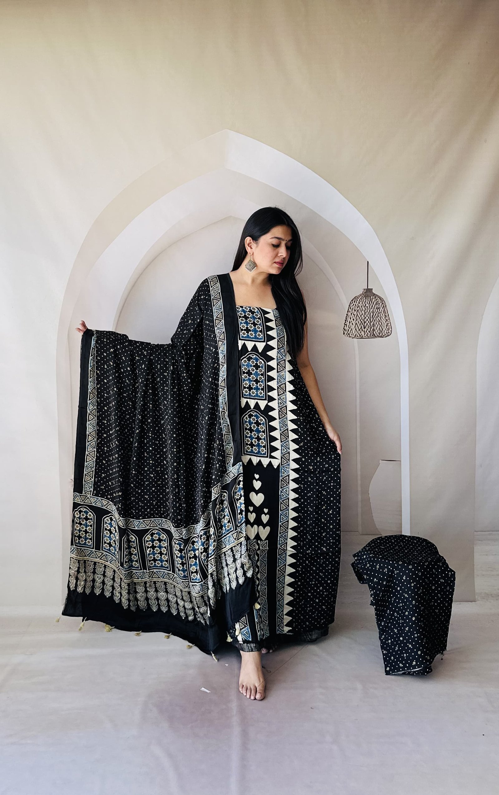 Luxurious Natural Hand Block Print 3pcs Ajrakh Modal Silk Suit Material - Black