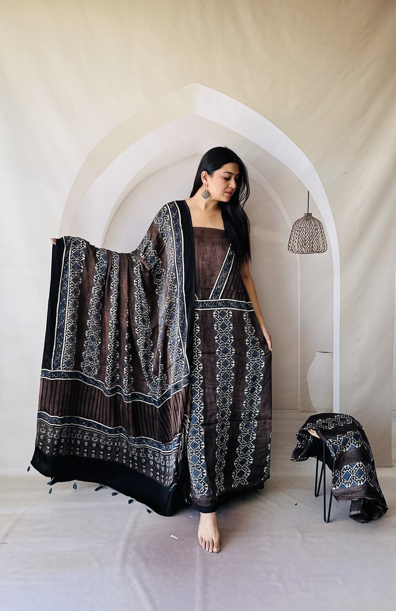 Luxurious Natural Hand Block Print 3pcs Ajrakh Modal Silk Suit Material - Coffee Brown