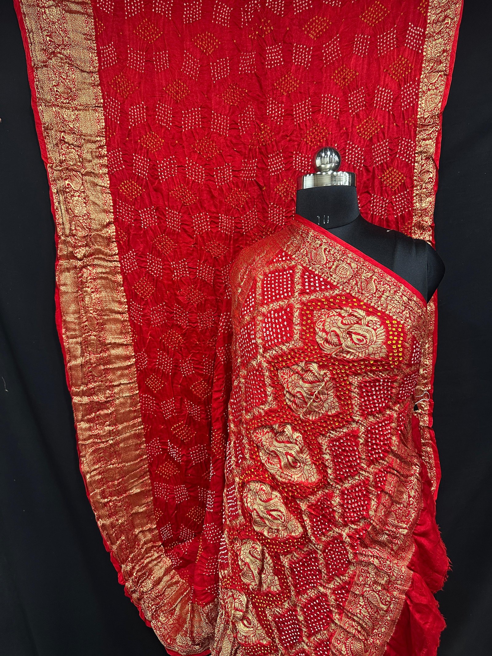 Red Bandhani Saree with Gold Zari Nakshi Border