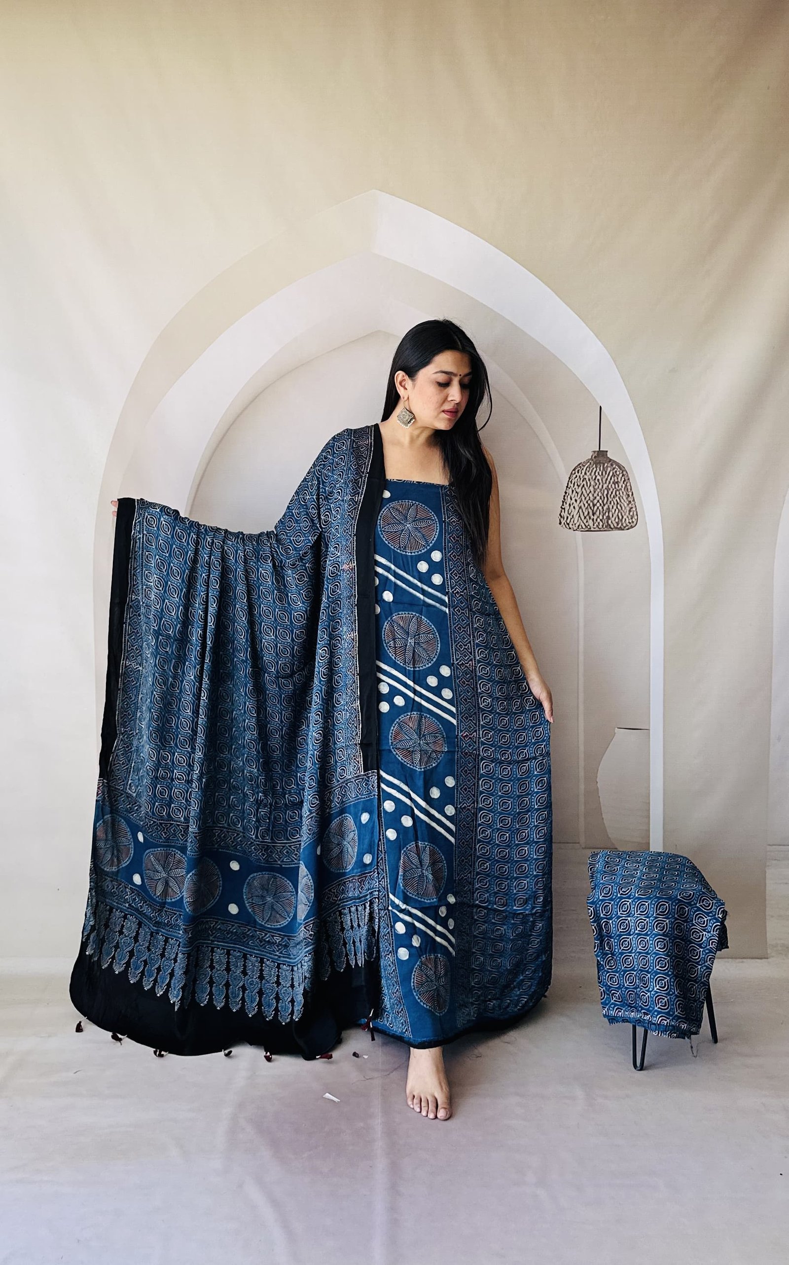 Luxurious Natural Hand Block Print 3pcs Ajrakh Modal Silk Suit Material - Indigo Blue