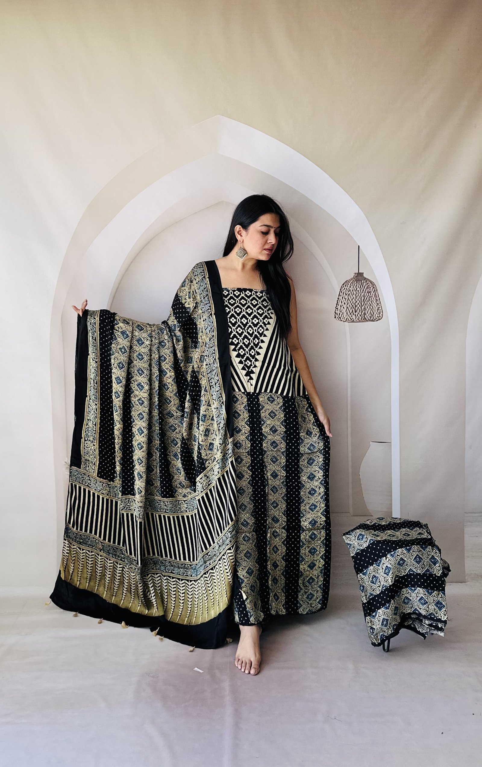 Luxurious Natural Hand Block Print 3pcs Ajrakh Modal Silk Suit Material - Black