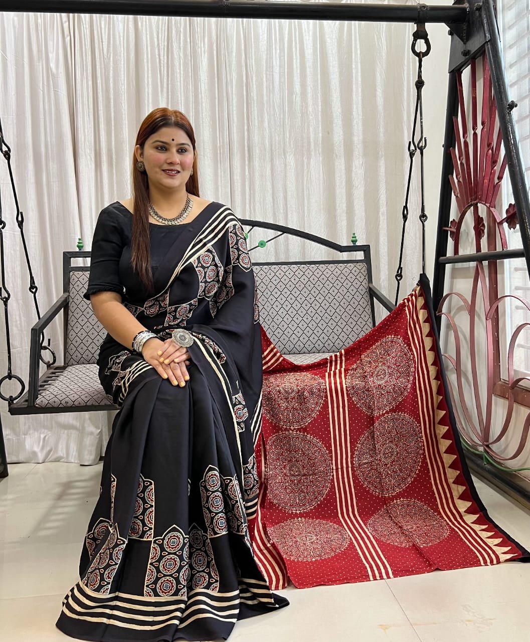 Womens Ajrakh Modal Silk Saree A Masterpiece of Hand Block Print and Natural Colors - Black