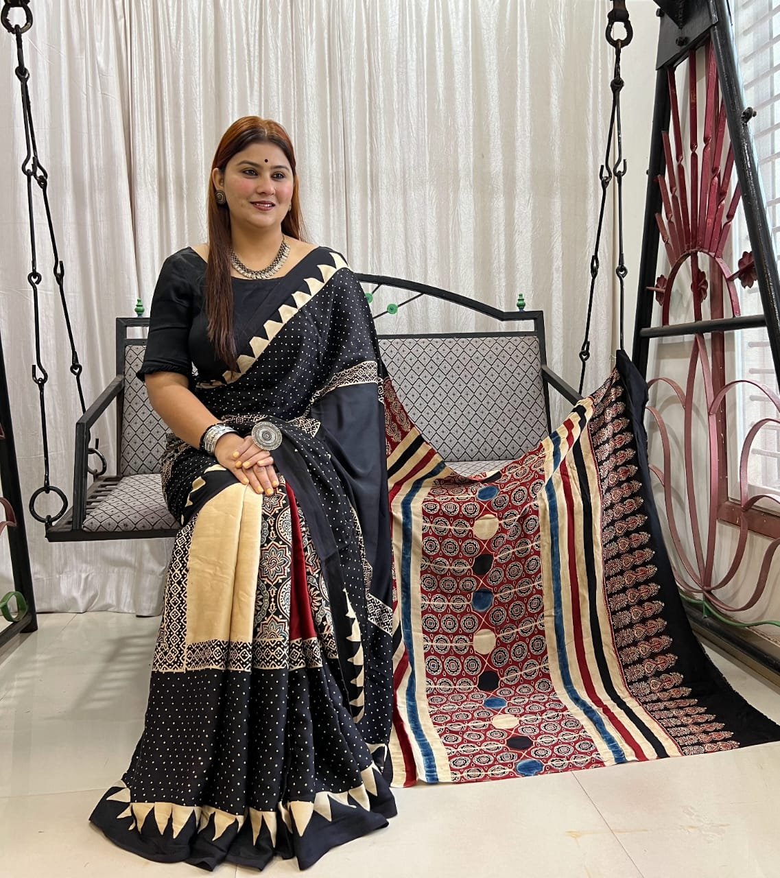 Womens Ajrakh Modal Silk Saree A Masterpiece of Hand Block Print and Natural Colors - Black