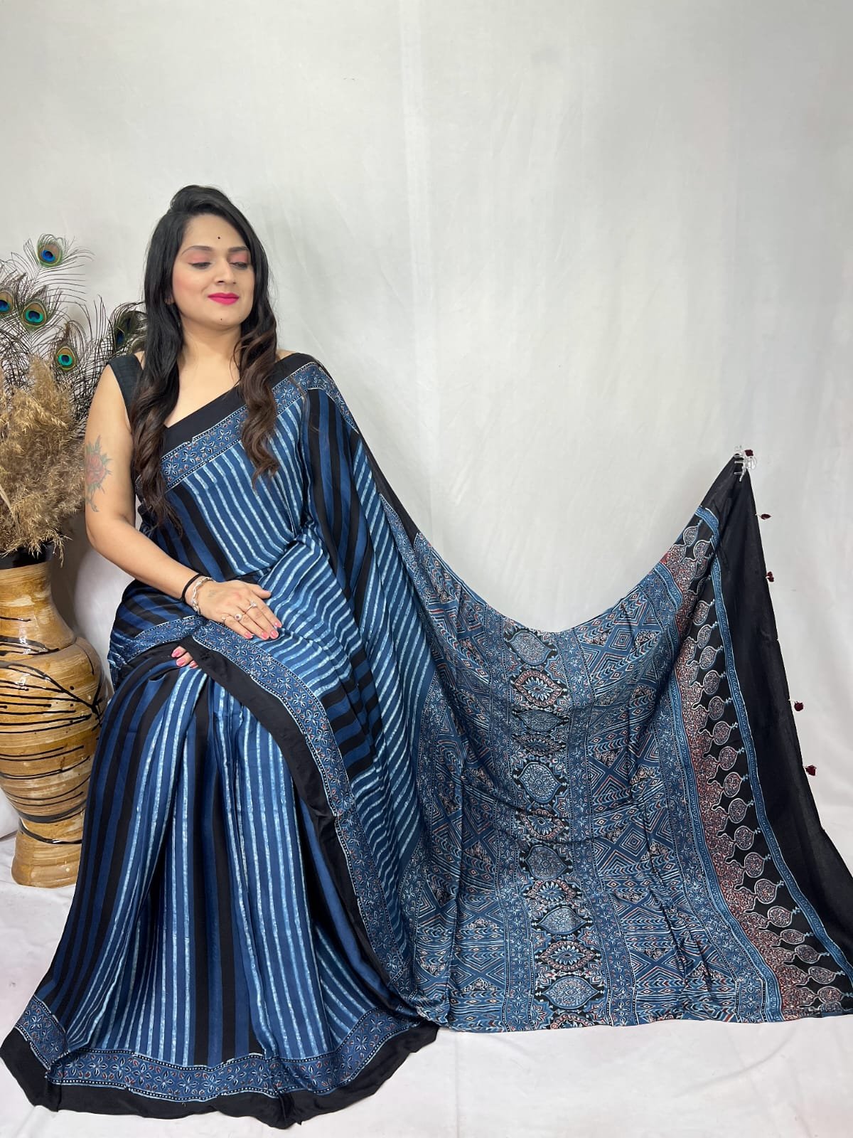 Womens Ajrakh Modal Silk Saree A Masterpiece of Hand Block Print and Natural Colors - Indigo Blue