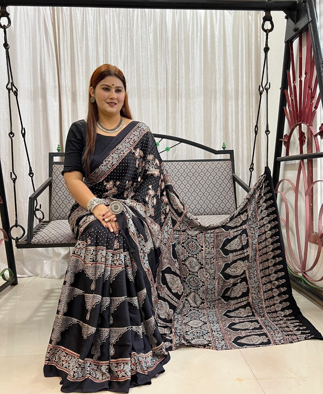 Womens Ajrakh Modal Silk Saree A Masterpiece of Hand Block Print and Natural Colors - Black