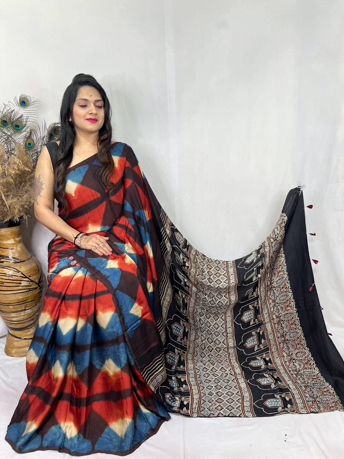 Womens Ajrakh Modal Silk Saree A Masterpiece of Hand Block Print and Natural Colors - Multicolour