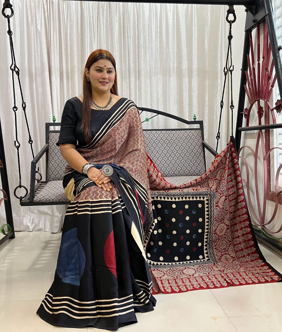 Womens Ajrakh Modal Silk Saree A Masterpiece of Hand Block Print and Natural Colors - Black