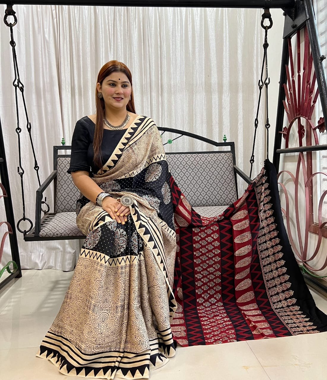 Womens Ajrakh Modal Silk Saree A Masterpiece of Hand Block Print and Natural Colors - Cream