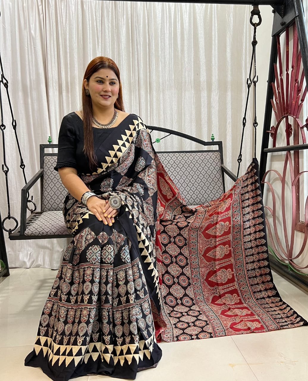 Womens Ajrakh Modal Silk Saree A Masterpiece of Hand Block Print and Natural Colors - Black