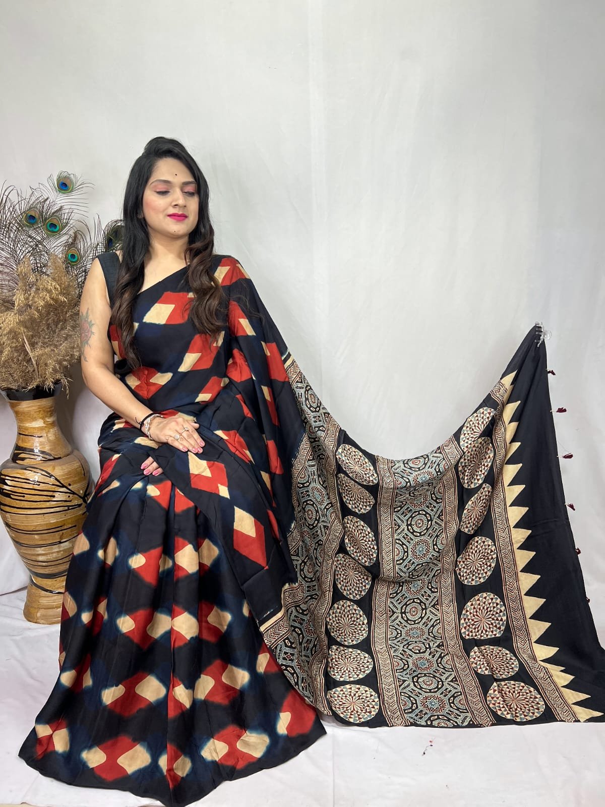 Womens Ajrakh Modal Silk Saree A Masterpiece of Hand Block Print and Natural Colors - Multicolour