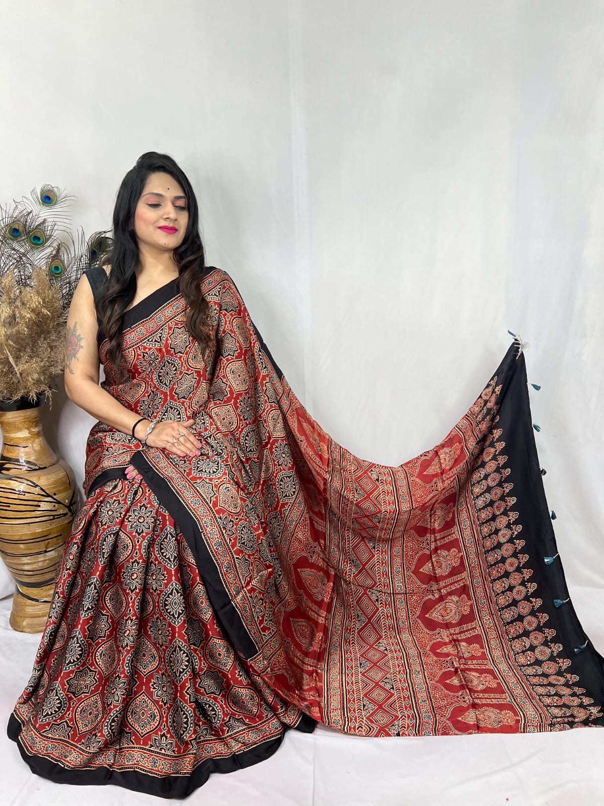 Womens Ajrakh Modal Silk Saree A Masterpiece of Hand Block Print and Natural Colors - Red