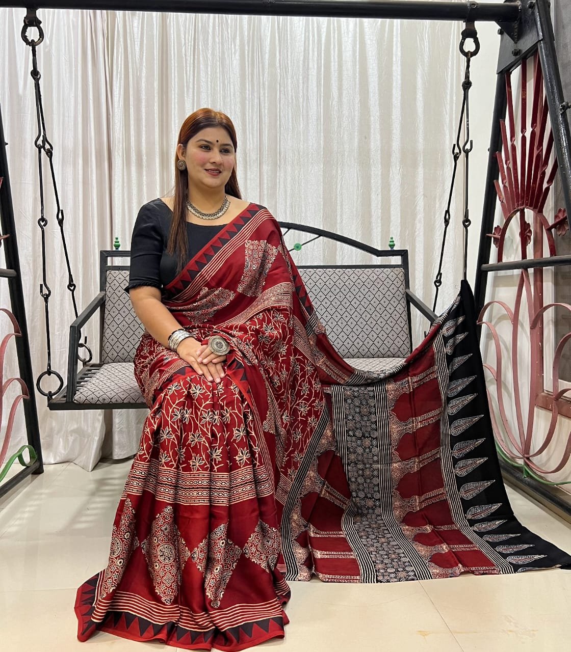 Womens Ajrakh Modal Silk Saree A Masterpiece of Hand Block Print and Natural Colors - Red