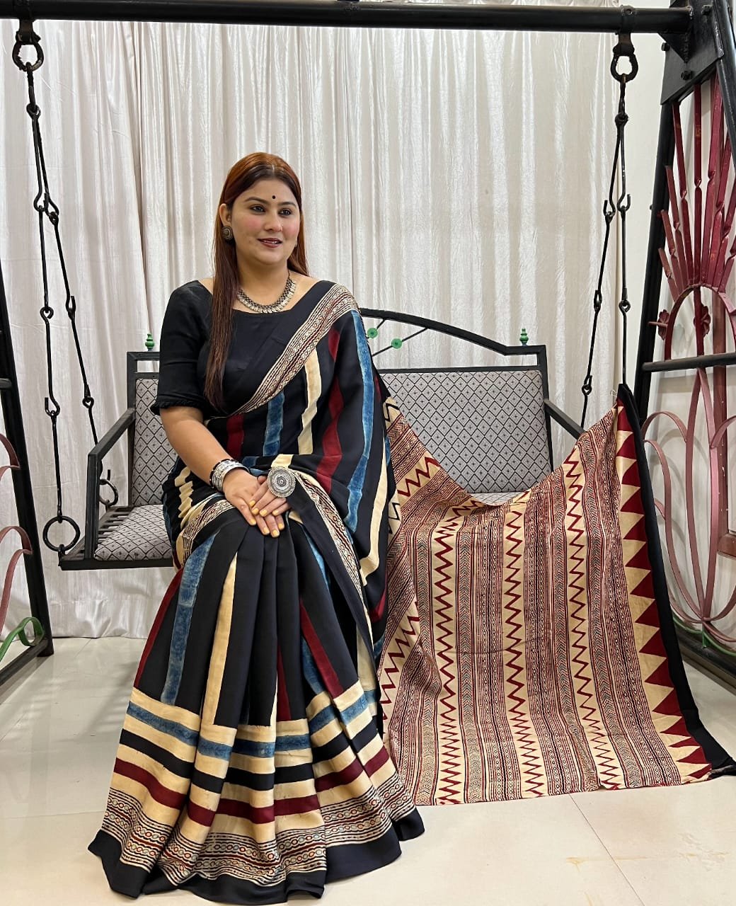 Womens Ajrakh Modal Silk Saree A Masterpiece of Hand Block Print and Natural Colors - Black