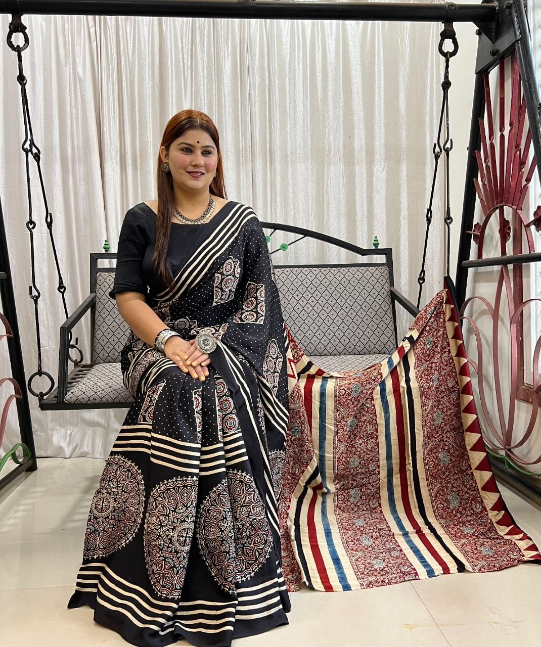 Womens Ajrakh Modal Silk Saree A Masterpiece of Hand Block Print and Natural Colors - Black