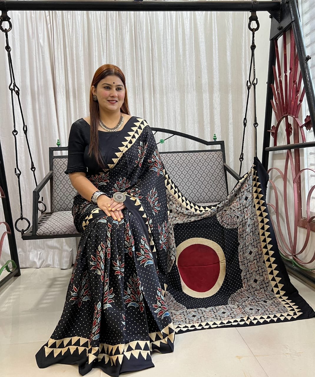 Womens Ajrakh Modal Silk Saree A Masterpiece of Hand Block Print and Natural Colors - Black