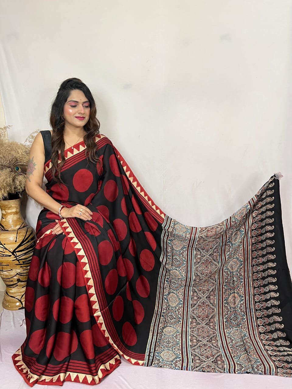 Womens Ajrakh Modal Silk Saree A Masterpiece of Hand Block Print and Natural Colors - Black
