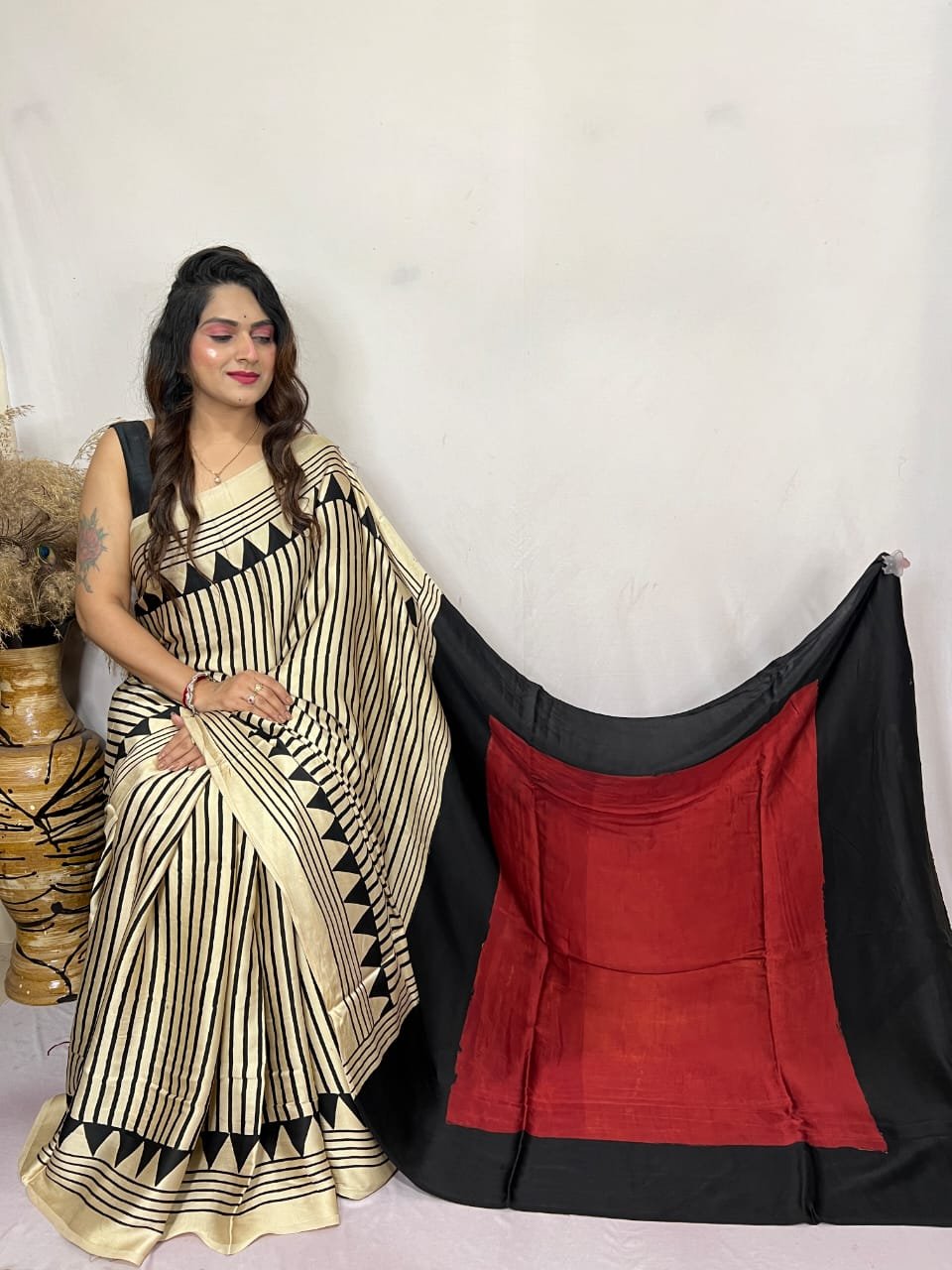 Womens Ajrakh Modal Silk Saree A Masterpiece of Hand Block Print and Natural Colors - Cream