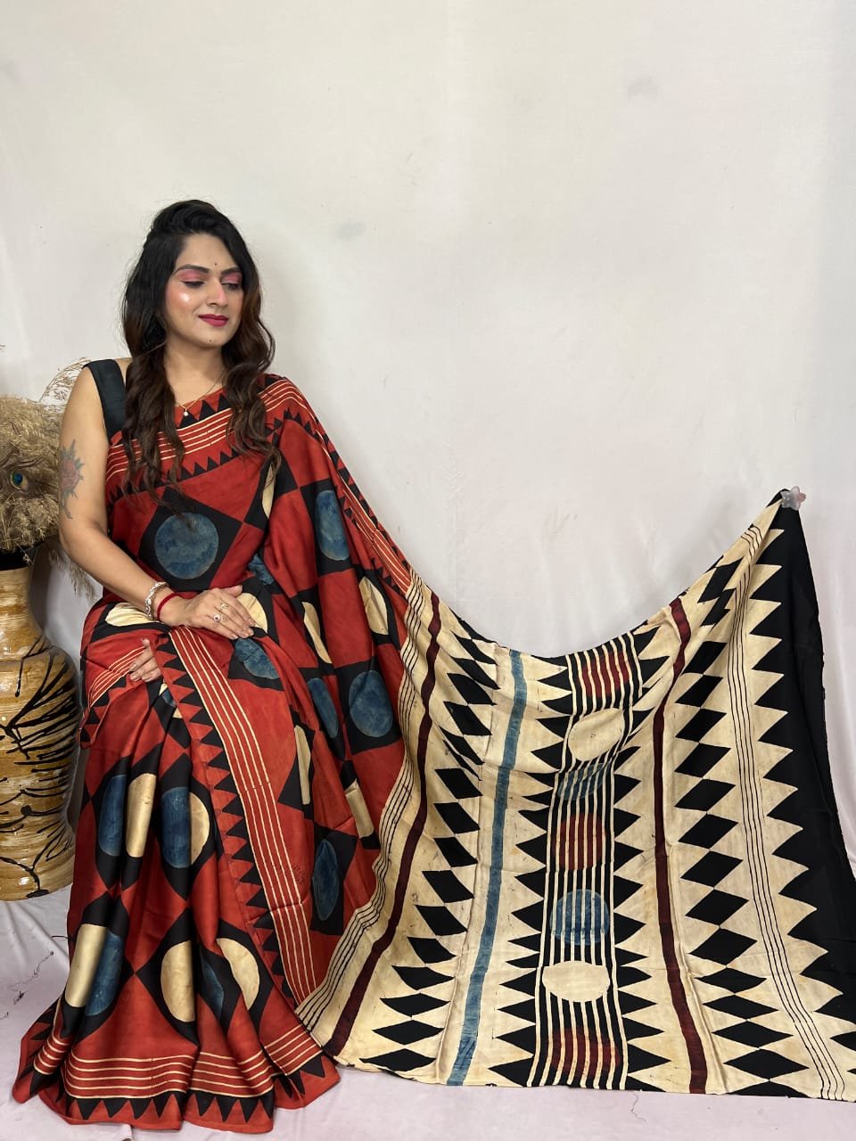 Womens Ajrakh Modal Silk Saree A Masterpiece of Hand Block Print and Natural Colors - Red