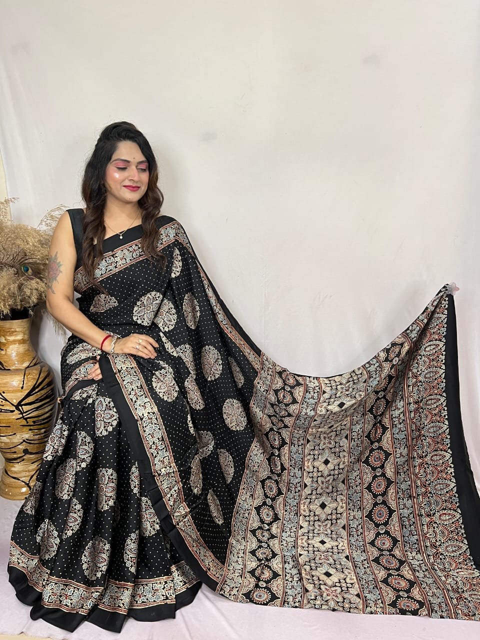Womens Ajrakh Modal Silk Saree A Masterpiece of Hand Block Print and Natural Colors - Black