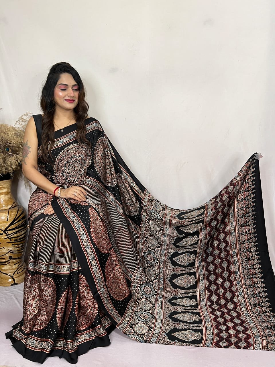 Womens Ajrakh Modal Silk Saree A Masterpiece of Hand Block Print and Natural Colors - Black