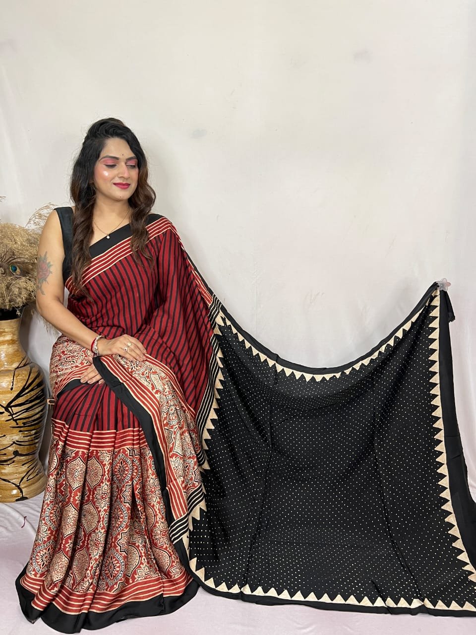 Womens Ajrakh Modal Silk Saree A Masterpiece of Hand Block Print and Natural Colors - Red