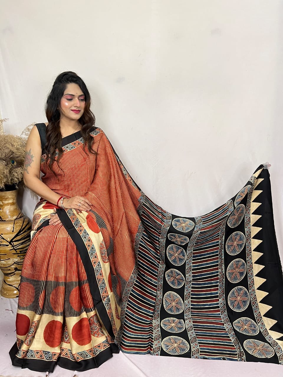 Womens Ajrakh Modal Silk Saree A Masterpiece of Hand Block Print and Natural Colors - Red