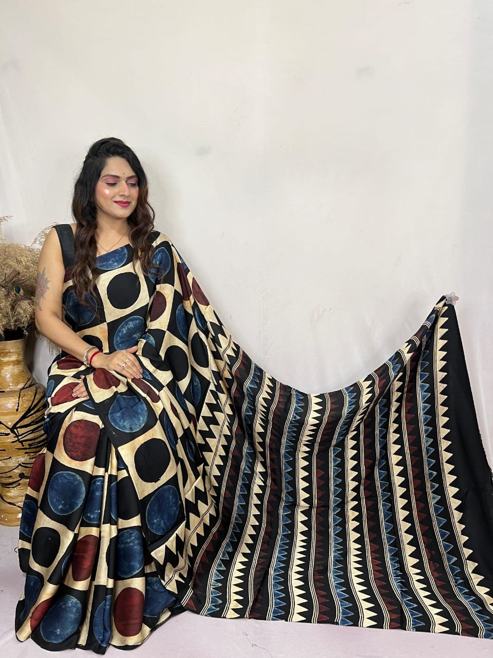 Womens Ajrakh Modal Silk Saree A Masterpiece of Hand Block Print and Natural Colors - Multicolour